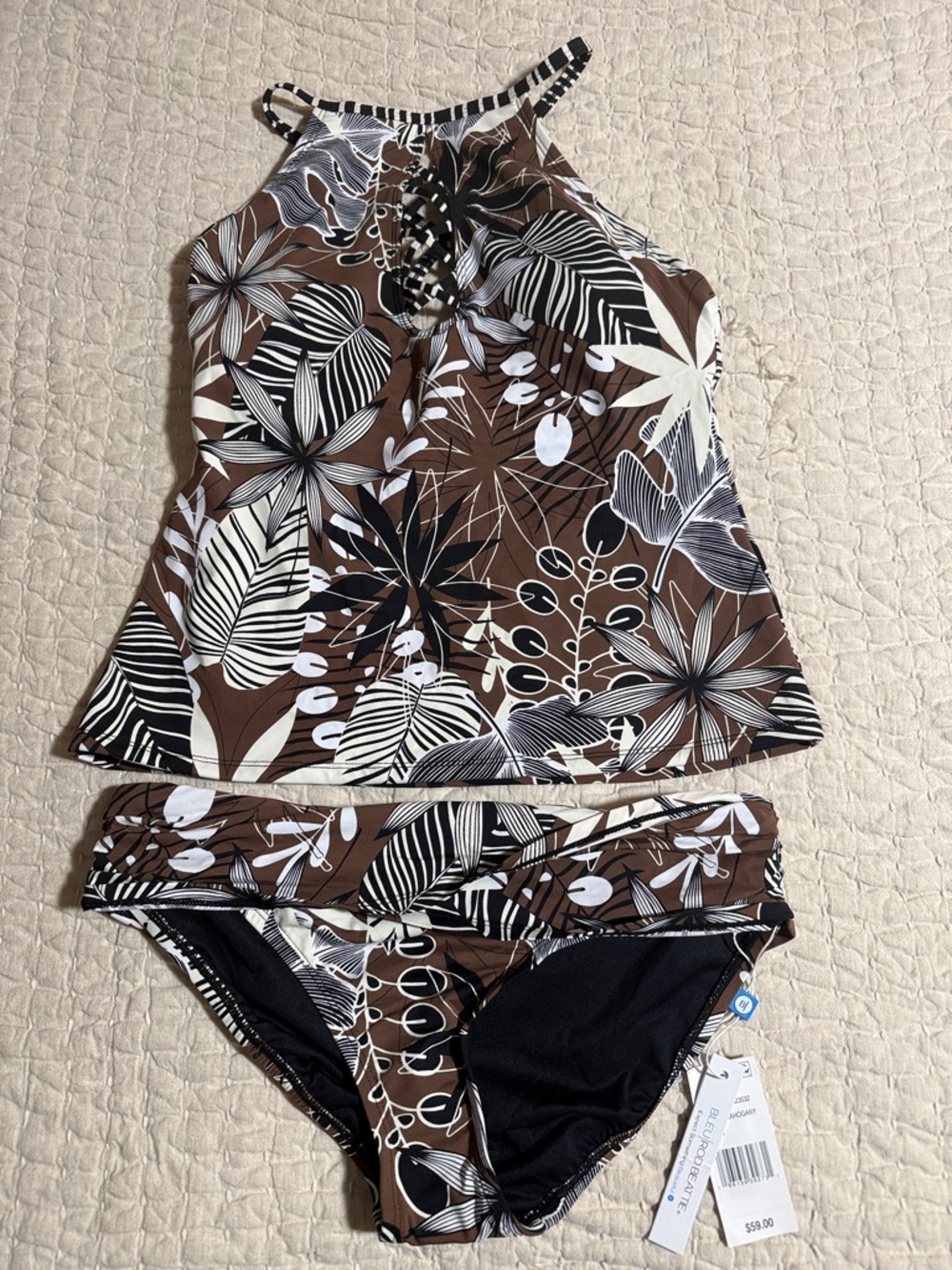 Bleu Rod Beattie Brown and White Floral Halter Tankini